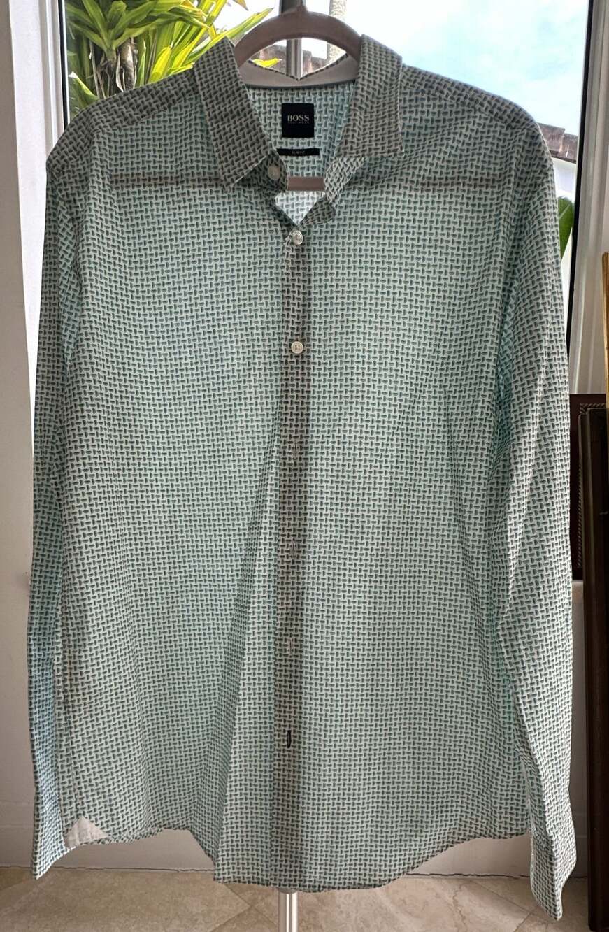 HUGO BOSS Men's Slim Fit Long Sleeve Button-Up Shirt with Teal Geometric Pattern
